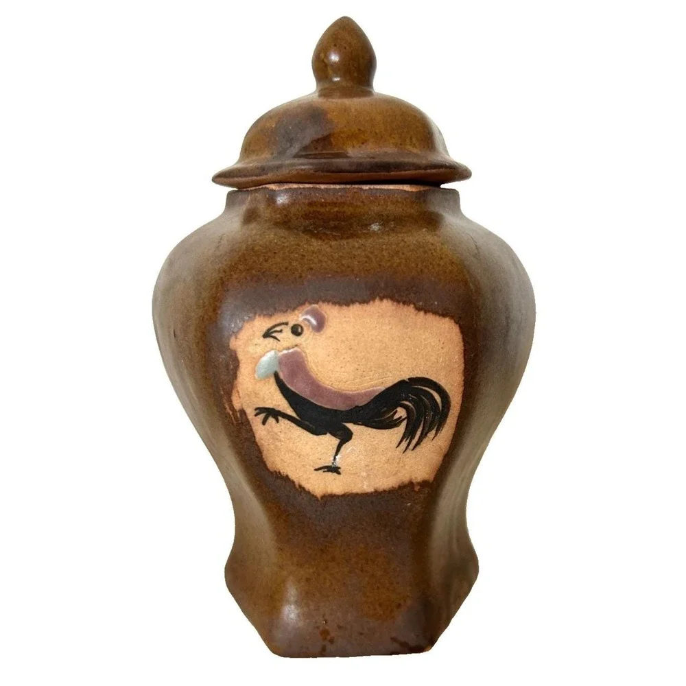 Vintage Farmhouse Hand Painted Rooster Ceramic Canister Jar Urn With Lid Brown